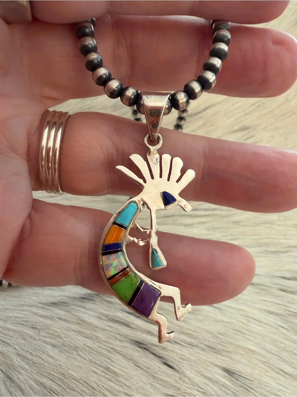 ❤️ Navajo Signed Zuni Style Kokopelli Multistone & Fiery Lab Opal 925 Pendant